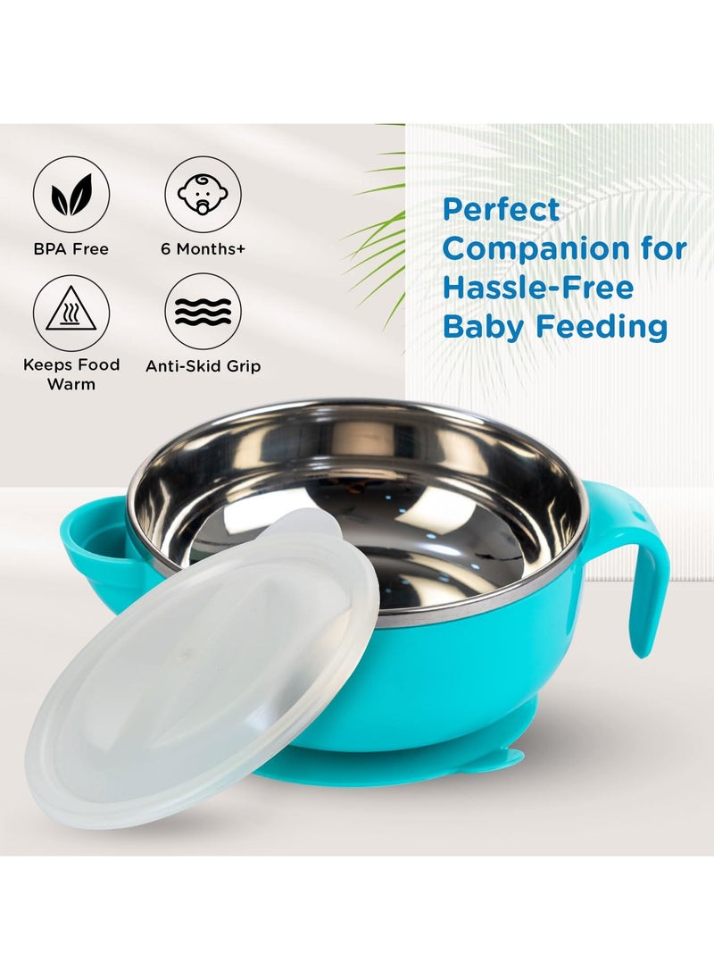 Baby Steel Feeding Bowl with Suction Base BPA Free Food Remains Warm Multi Functional Snack Fruit Easy Grip Handle Blue