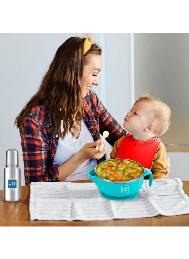 Baby Steel Feeding Bowl with Suction Base BPA Free Food Remains Warm Multi Functional Snack Fruit Easy Grip Handle Blue