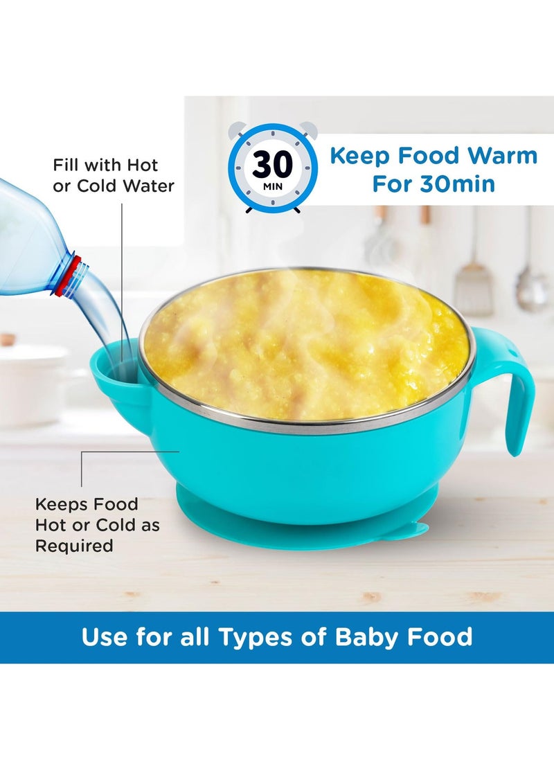 Baby Steel Feeding Bowl with Suction Base BPA Free Food Remains Warm Multi Functional Snack Fruit Easy Grip Handle Blue