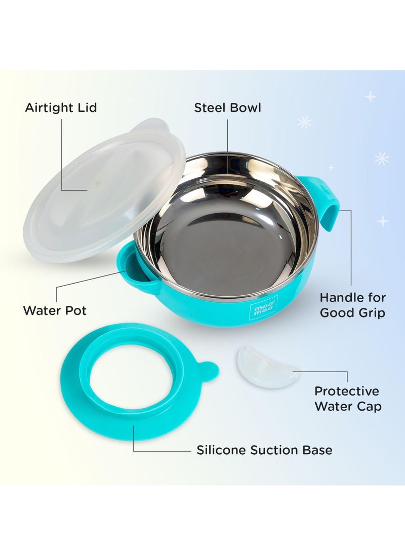 Baby Steel Feeding Bowl with Suction Base BPA Free Food Remains Warm Multi Functional Snack Fruit Easy Grip Handle Blue