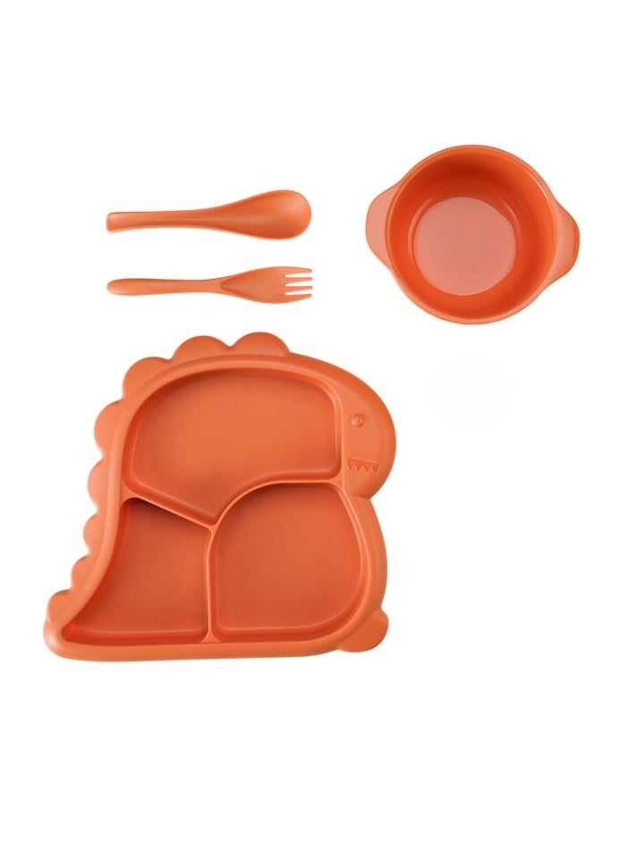 Baby Dinner Plate, Three Grid Partition Toddler Plate, Portable Non Slip Suction Plates, Durable Dinosaur Feeding Plate For Babies Toddlers, (Orange, Four Pieces Set)