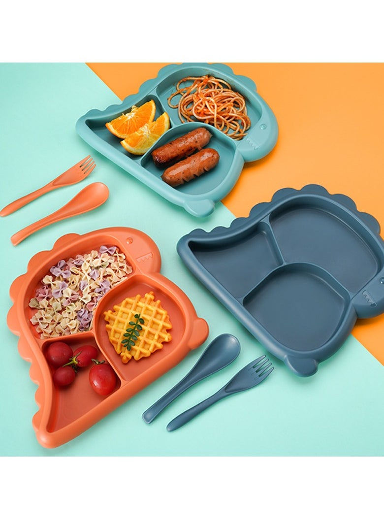 Baby Dinner Plate, Three Grid Partition Toddler Plate, Portable Non Slip Suction Plates, Durable Dinosaur Feeding Plate For Babies Toddlers, (Orange, Four Pieces Set)