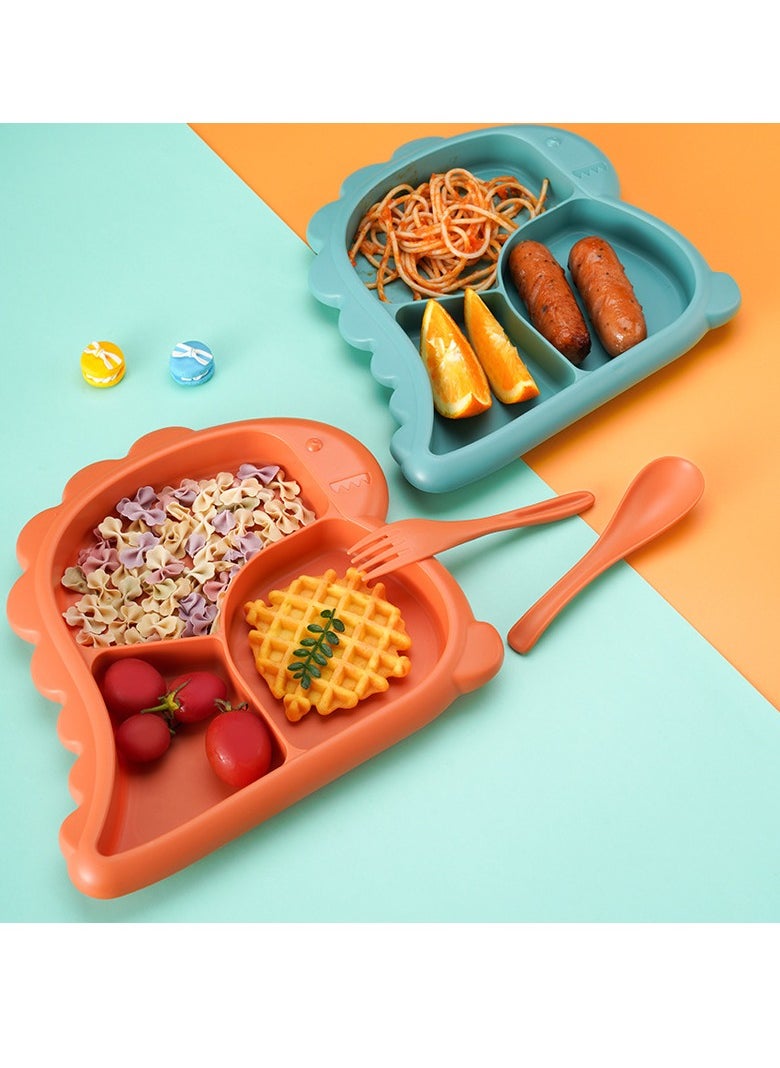 Baby Dinner Plate, Three Grid Partition Toddler Plate, Portable Non Slip Suction Plates, Durable Dinosaur Feeding Plate For Babies Toddlers, (Orange, Four Pieces Set)