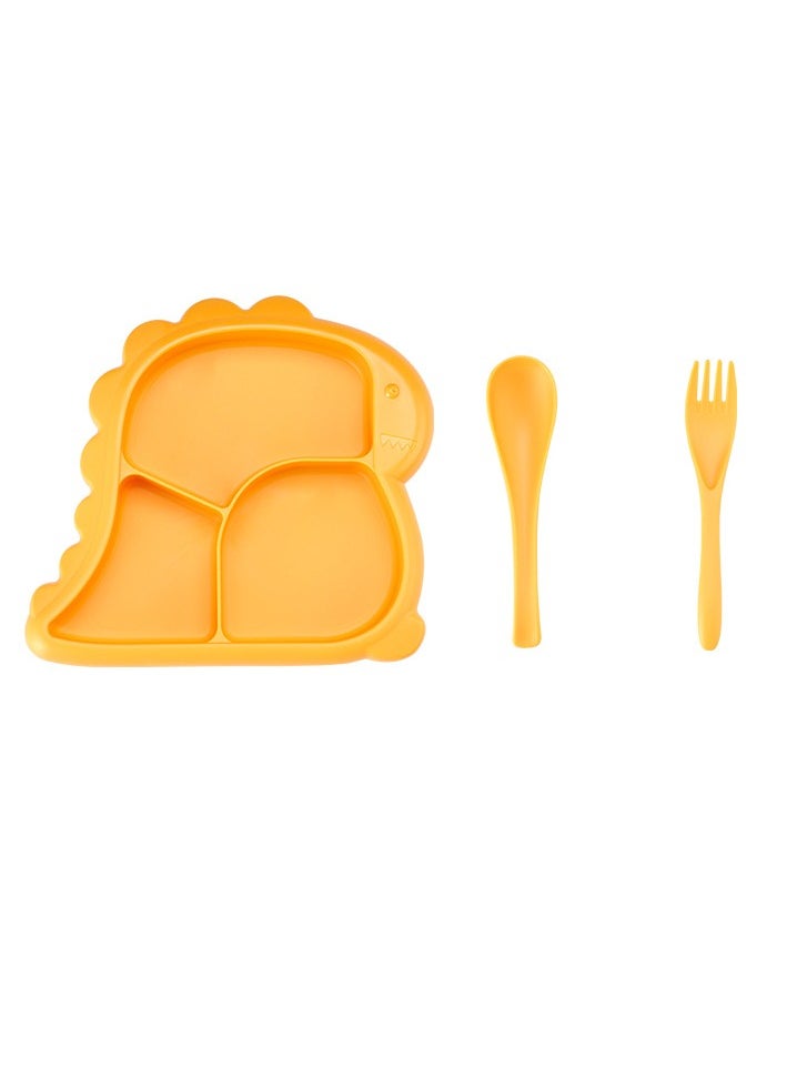 Baby Dinner Plate, Three Grid Partition Toddler Plate, Portable Non Slip Suction Plates, Durable Dinosaur Feeding Plate For Babies Toddlers, (Yellow, With Fork And Spoon)