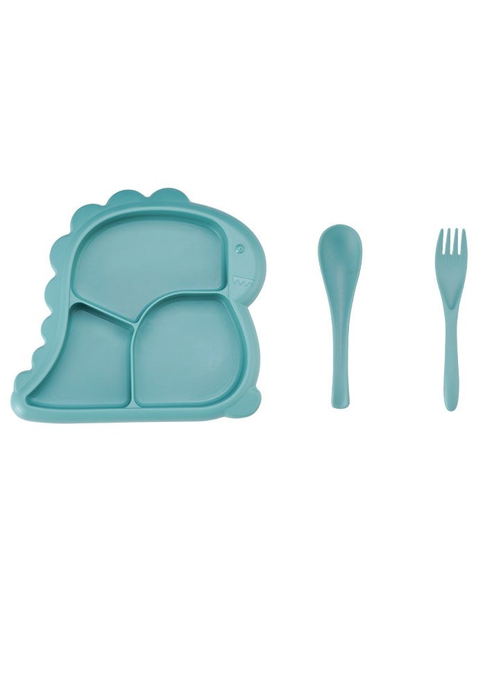 Baby Dinner Plate, Three Grid Partition Toddler Plate, Portable Non Slip Suction Plates, Durable Dinosaur Feeding Plate For Babies Toddlers, (Light Blue, With Fork And Spoon)