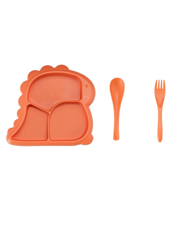 Baby Dinner Plate, Three Grid Partition Toddler Plate, Portable Non Slip Suction Plates, Durable Dinosaur Feeding Plate For Babies Toddlers, (Orange, With Fork And Spoon)