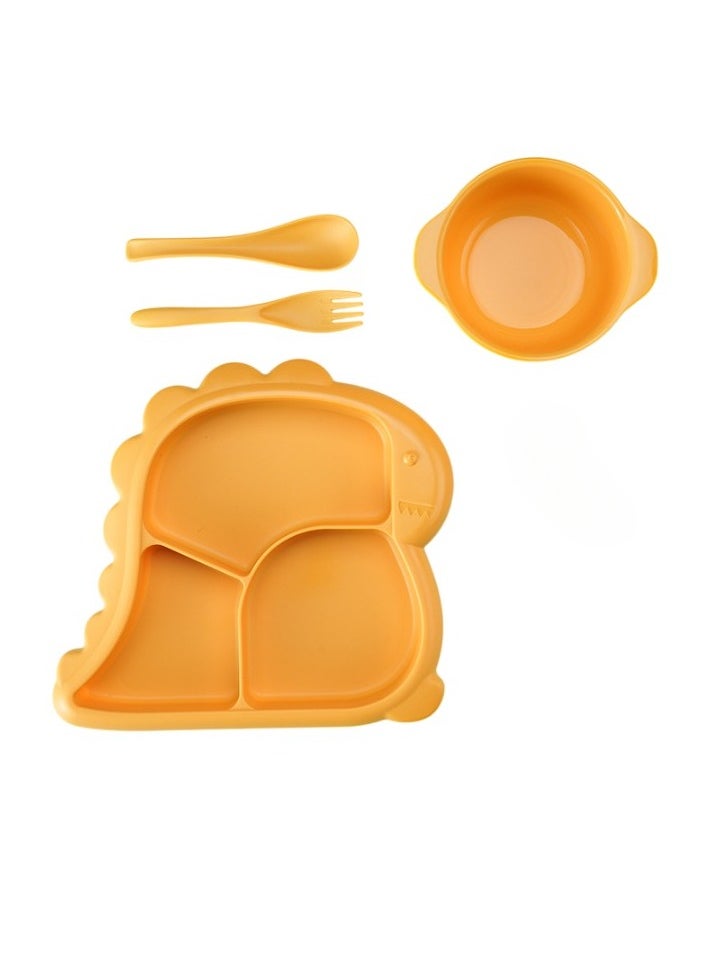 Baby Dinner Plate, Three Grid Partition Toddler Plate, Portable Non Slip Suction Plates, Durable Dinosaur Feeding Plate For Babies Toddlers, (Yellow, Four Pieces Set))