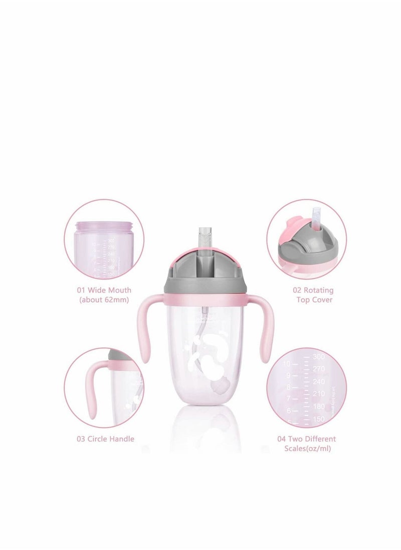 Sippy Cups for 6+ Months Baby, Baby Cup 300ml Weighted Straw& Easy-Grip Handles, Baby Water Bottle with Simple Flip-Top Lid, Trainer Cup for Independent Drinking, 360°Spill-Free Toddler Cup (Pink)