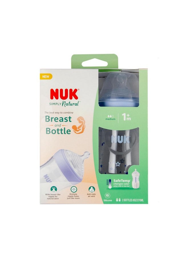 NUK Simply Natural Baby Bottle with SafeTemp, 9 oz, 2 Pack, Blue Stars