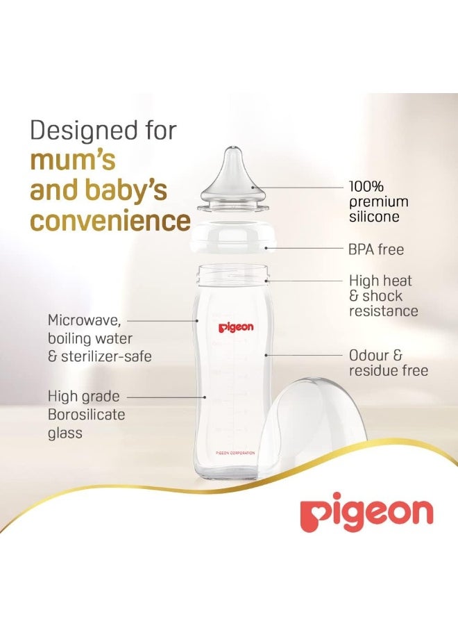 Pigeon Softouch Peristaltic Plus Wide Neck Nursing Glass Bottle, 100% Silicone Nipple, Bpa & Bps Free, 240ml