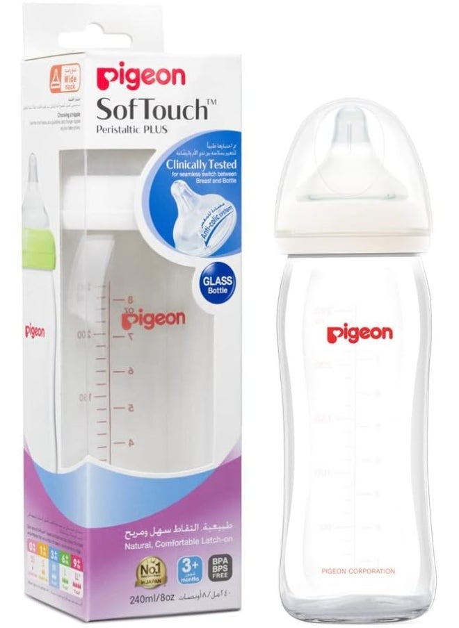 Pigeon Softouch Peristaltic Plus Wide Neck Nursing Glass Bottle, 100% Silicone Nipple, Bpa & Bps Free, 240ml