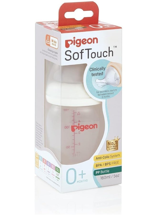 Pigeon Softouch Peristaltic Plus Wide Neck Nursing Plastic Bottle, 100% Silicone Nipple, Bpa & Bps Free, 160ml, Multicolor