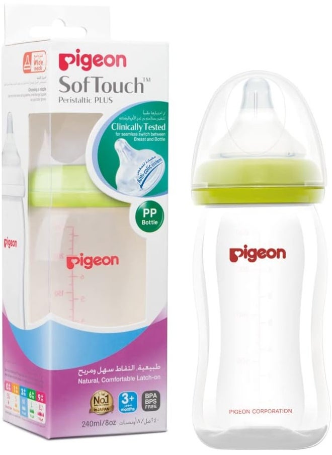 Pigeon Softouch Peristaltic Plus Wide Neck Nursing Plastic Bottle, 100% Silicone Nipple, Bpa & Bps Free, 240ml, Multicolor