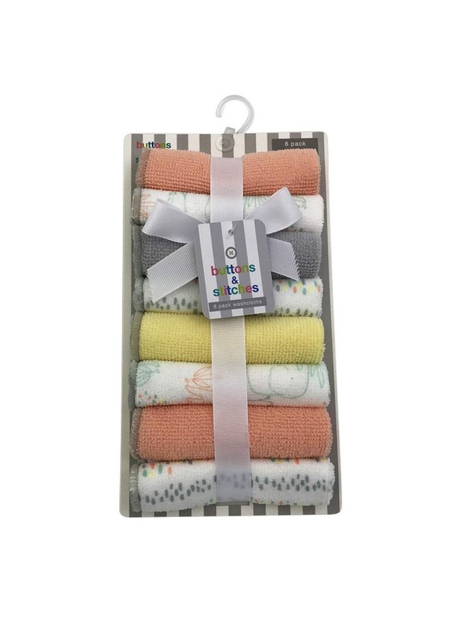 Cudlie Accessories Buttons & Stitches Unisex Baby 8 Pack Rolled Wash Cloth, with Elephants Print