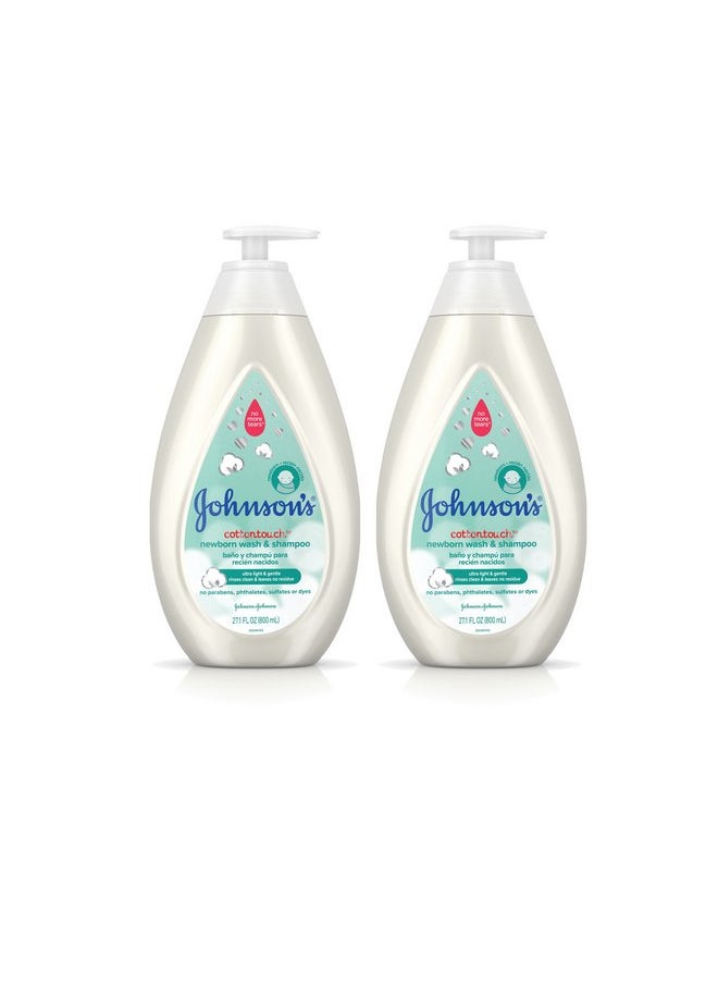 Johnson's CottonTouch Newborn Baby Wash & Shampoo with No More Tears, Hypoallergenic and Paraben-Free Moisturization for Sensitive Skin, Made with Real Cotton, Twin-Pack, 2 x 27.1 fl. oz