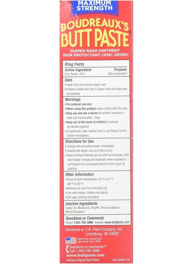 Boudreaux's Butt Paste Diaper Rash Ointment - Maximum Strength - Contains 40% Zinc Oxide - Pediatrican Recommended - Paraben and Preservative-Free - 4 Ounce, 2-Pack