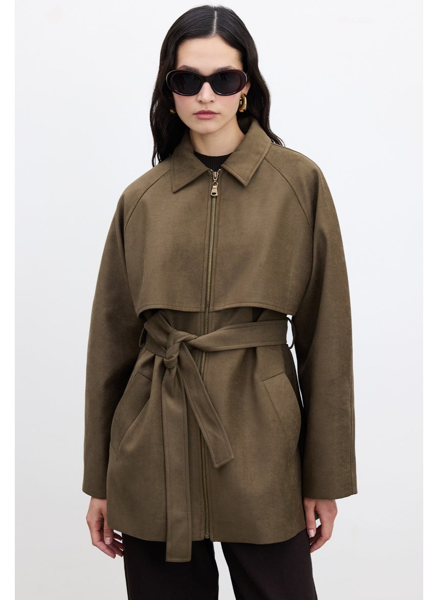 Suede Trench Style Jacket Khaki