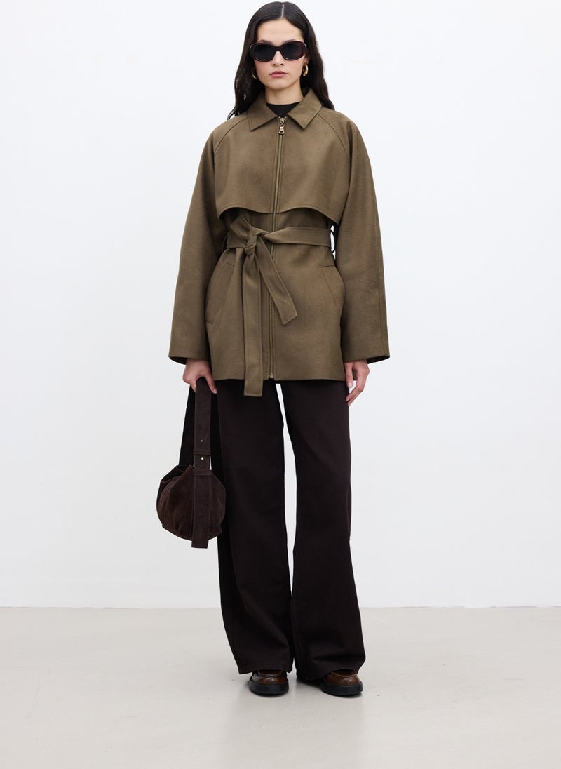 Suede Trench Style Jacket Khaki