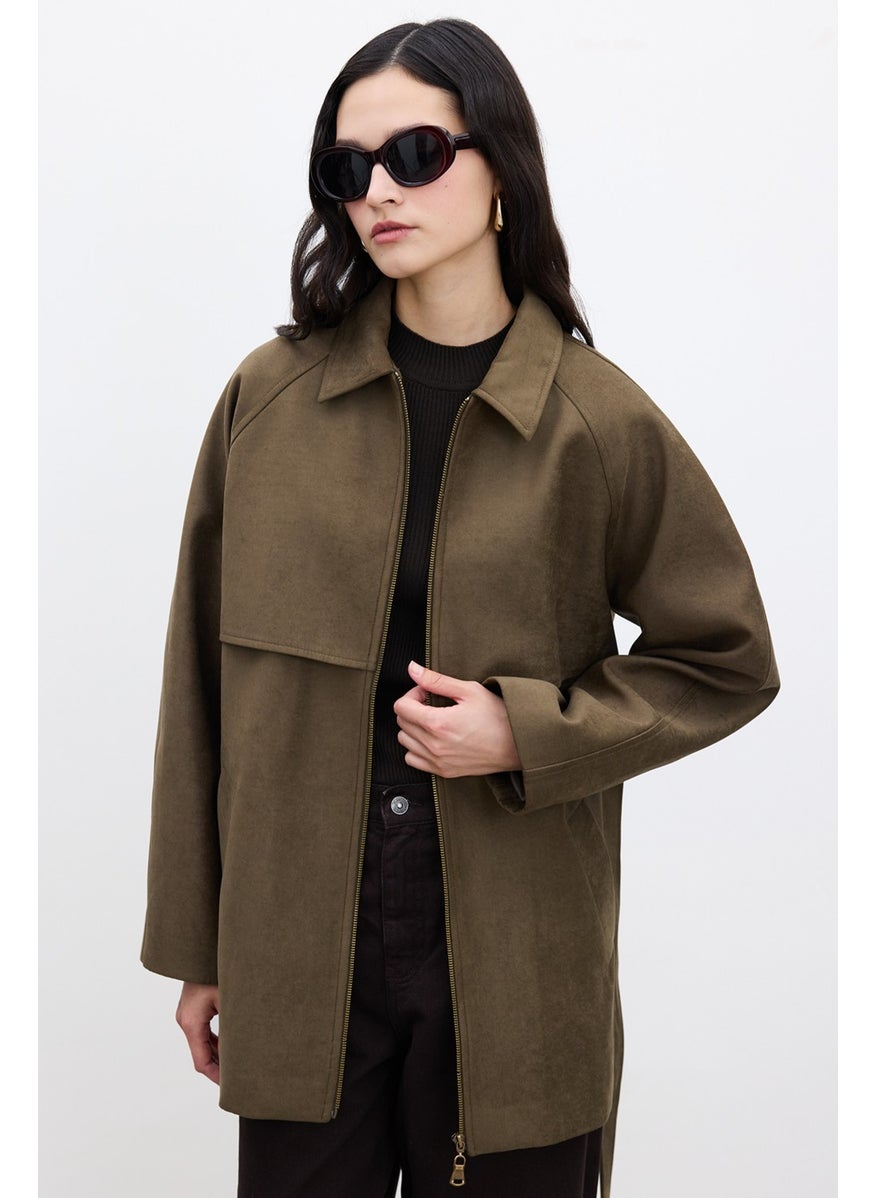 Suede Trench Style Jacket Khaki