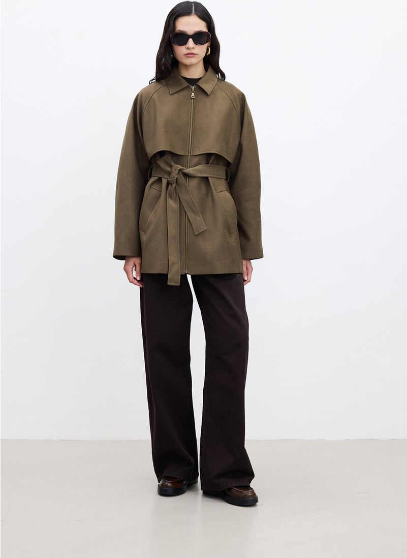 Suede Trench Style Jacket Khaki