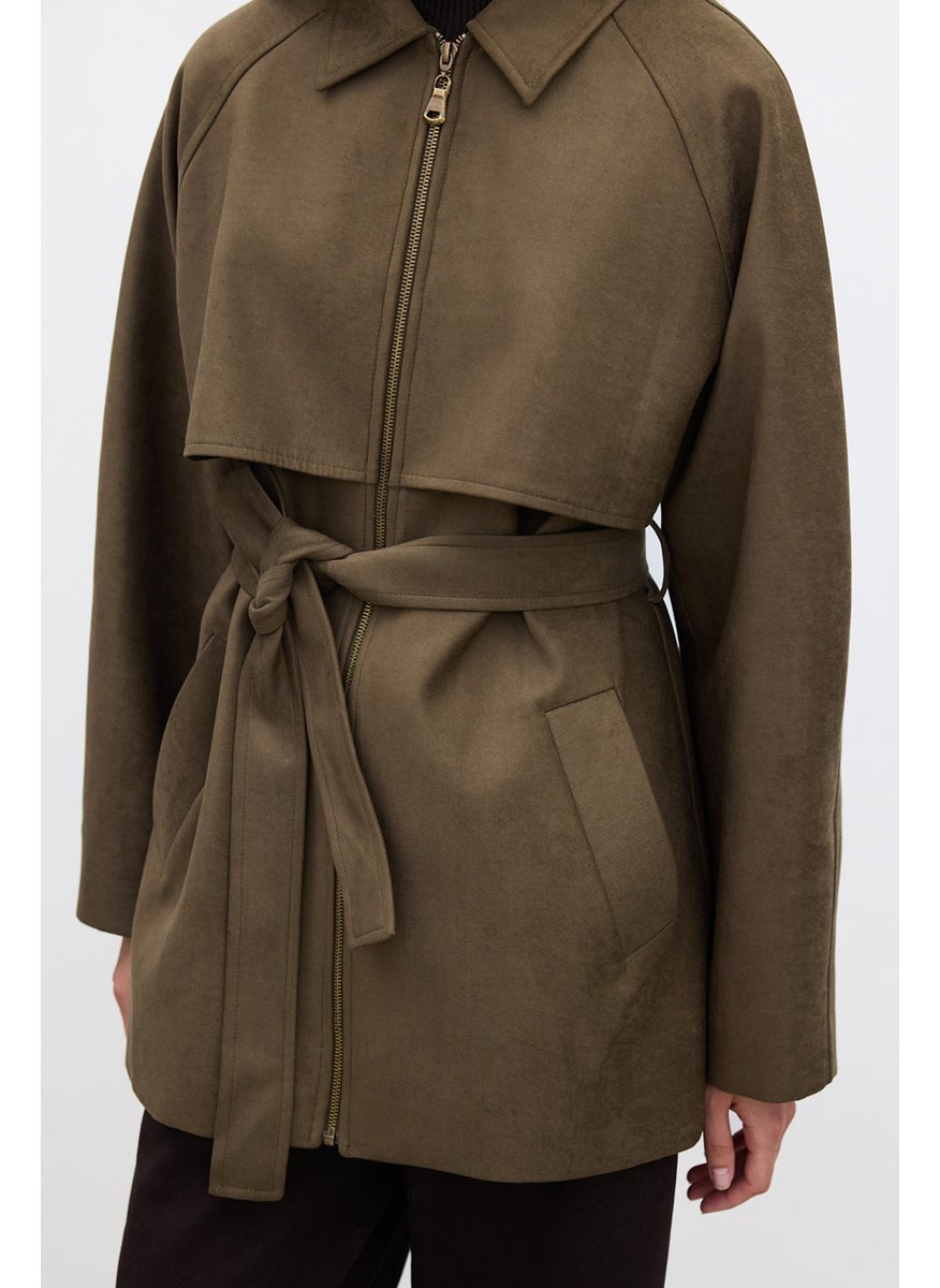 Suede Trench Style Jacket Khaki