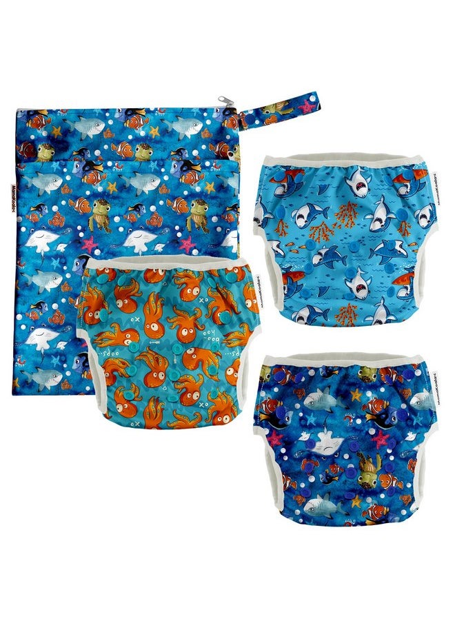 Mama Koala Reusable Swim Diapers with Wet Bag,Baby Boys Adjustable Washable Swim Diapers, Size M (19-40 lbs), 3 Pack-Ocean Story (M)