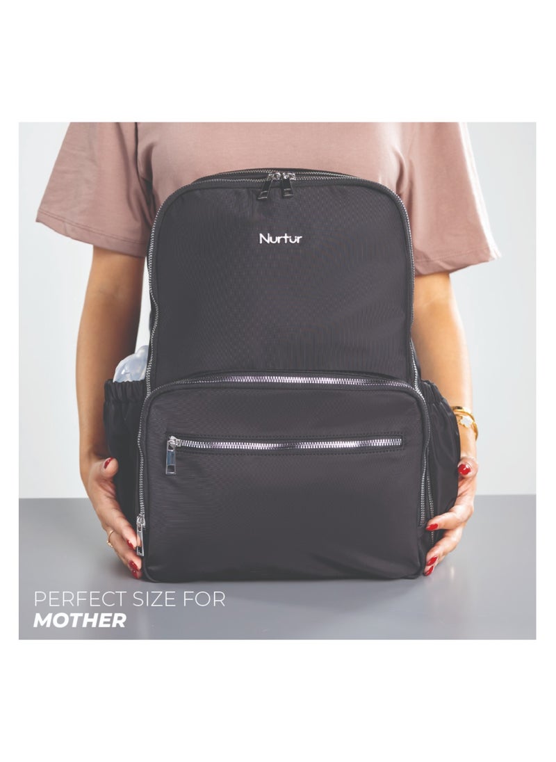Nurtur Maverick Maternity Diaper Bag Fashion Bagpack Bag Multifunction Travel Bag with insulator bottle warming pocket and changing pad - Black