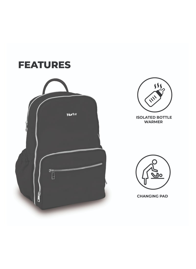 Nurtur Maverick Maternity Diaper Bag Fashion Bagpack Bag Multifunction Travel Bag with insulator bottle warming pocket and changing pad - Black