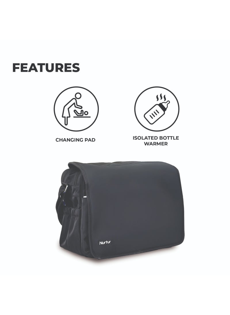 Nurtur Metro Messenger Diaper Bag Fashion Tote Bag Multifunction Travel Bag with insulator bottle warming pocket and changing pad - Black