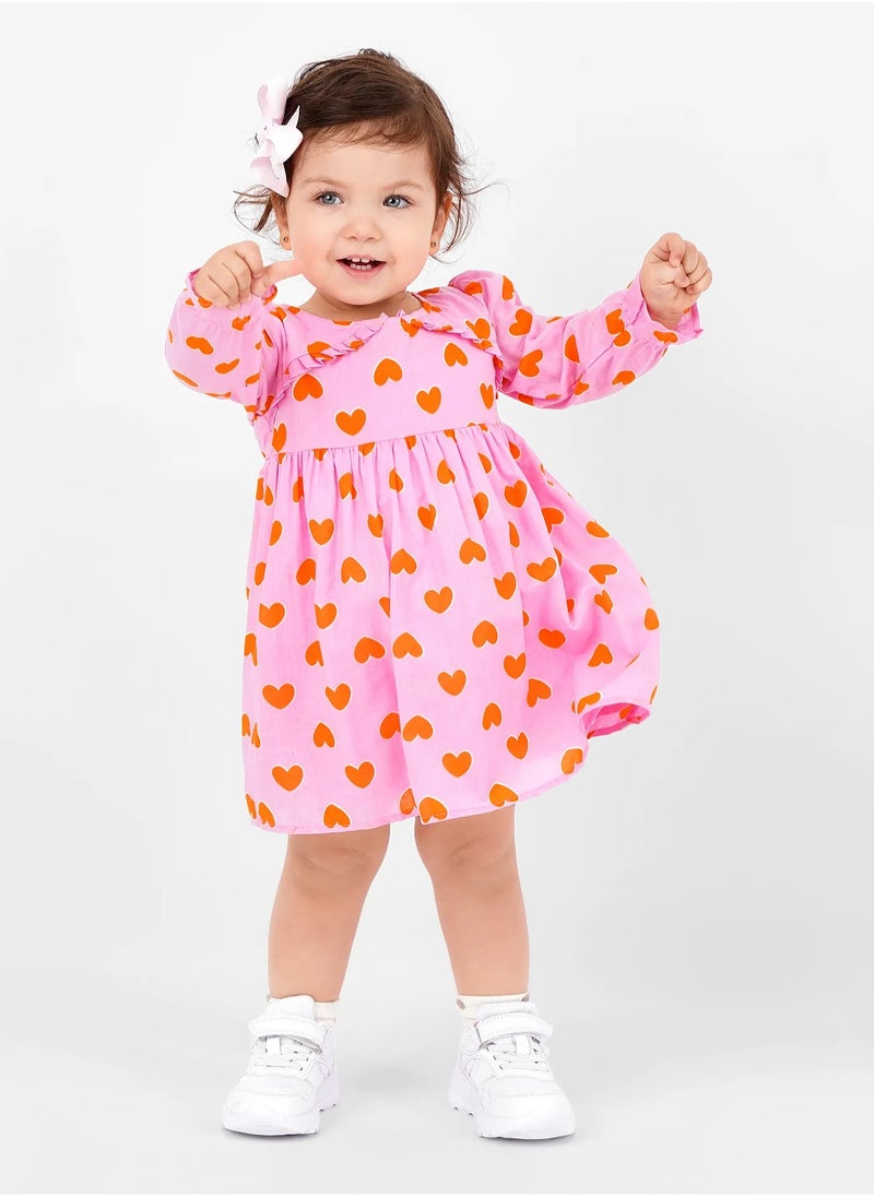 Bonfino Cotton Full Sleeves Heart Print Dress - Pink