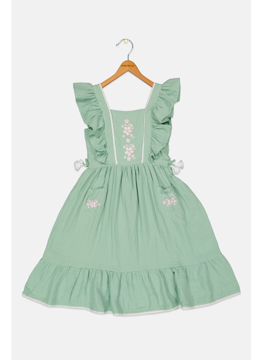 Kids Girl Embroidered A Line Dress, Jade Grey