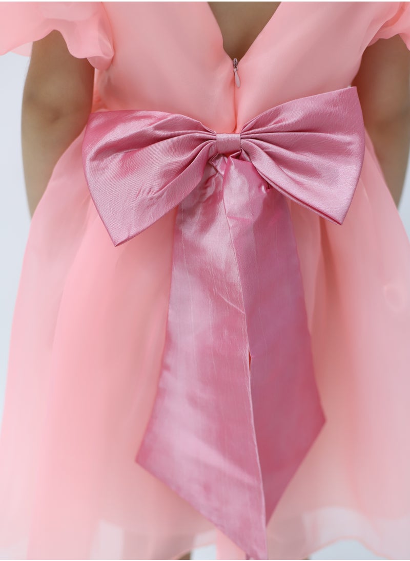 Tulle Volume Dress Pink with Green Bow