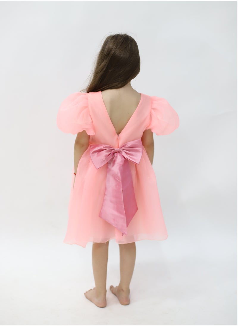 Tulle Volume Dress Pink with Green Bow