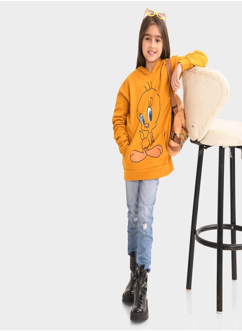 Regular Fit Printed Yellow Cotton Sweatshirt For Girls Round Neck Flat Collar Pull On 100 % Cotton