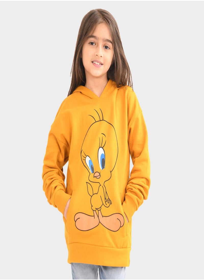 Regular Fit Printed Yellow Cotton Sweatshirt For Girls Round Neck Flat Collar Pull On 100 % Cotton