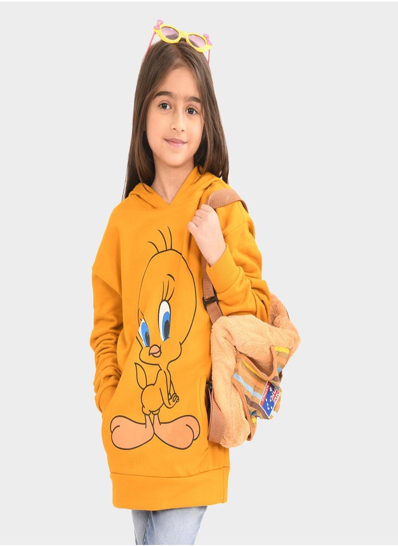 Regular Fit Printed Yellow Cotton Sweatshirt For Girls Round Neck Flat Collar Pull On 100 % Cotton