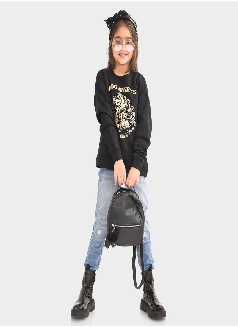 Regular Fit Printed Black Cotton Sweatshirt For Girls Round Neck Flat Collar Pull On 100 % Cotton