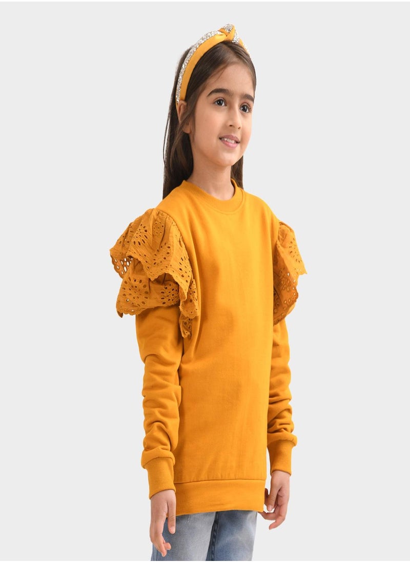 Regular Fit Printed Mustard Cotton Sweatshirt For Girls Round Neck Flat Collar Pull On 100 % Cotton