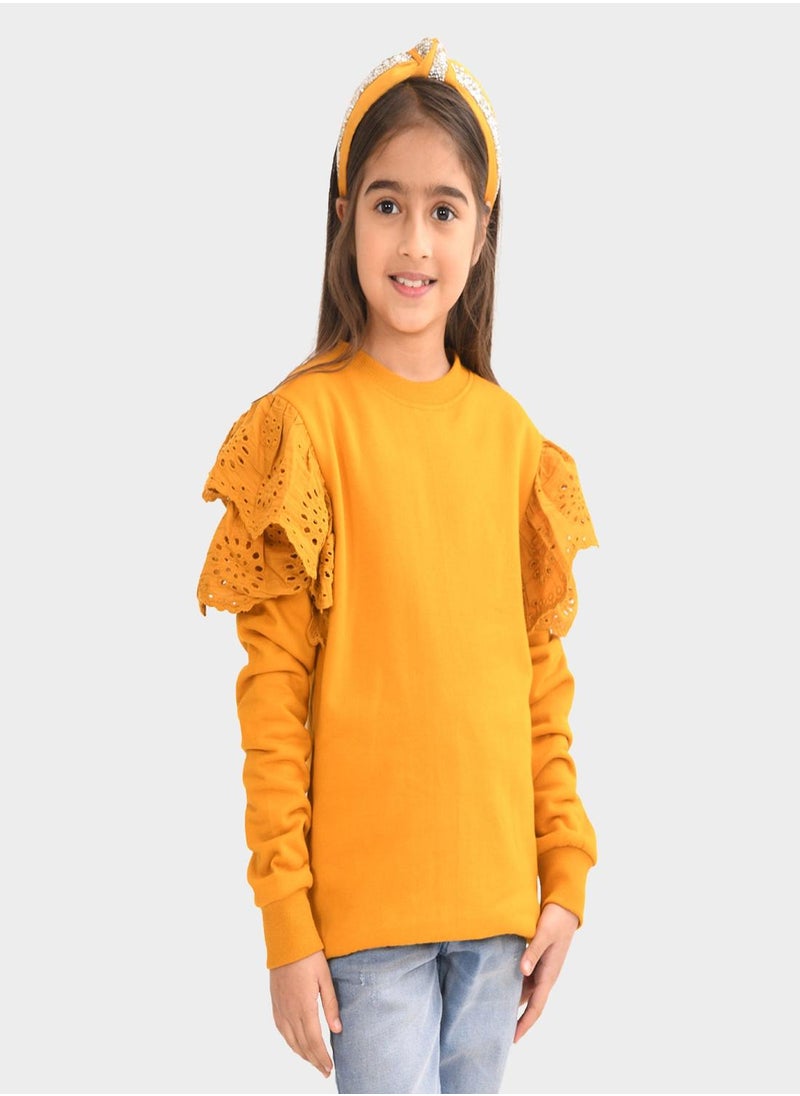 Regular Fit Printed Mustard Cotton Sweatshirt For Girls Round Neck Flat Collar Pull On 100 % Cotton