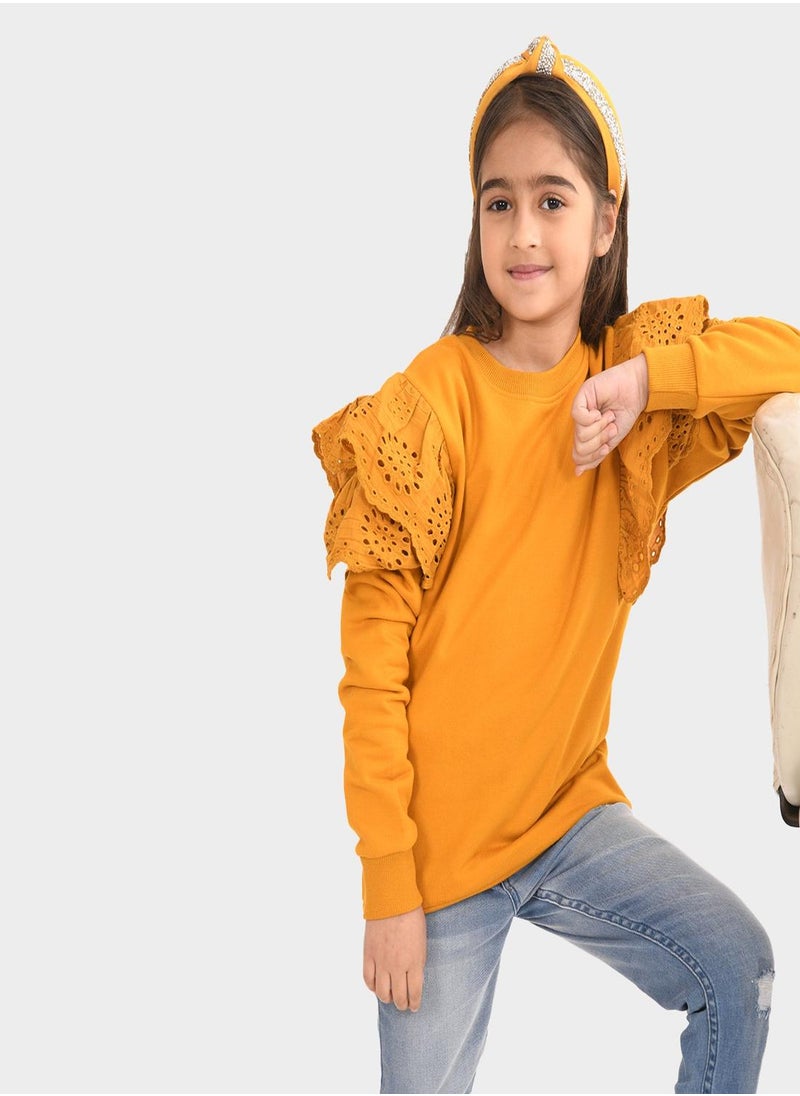 Regular Fit Printed Mustard Cotton Sweatshirt For Girls Round Neck Flat Collar Pull On 100 % Cotton