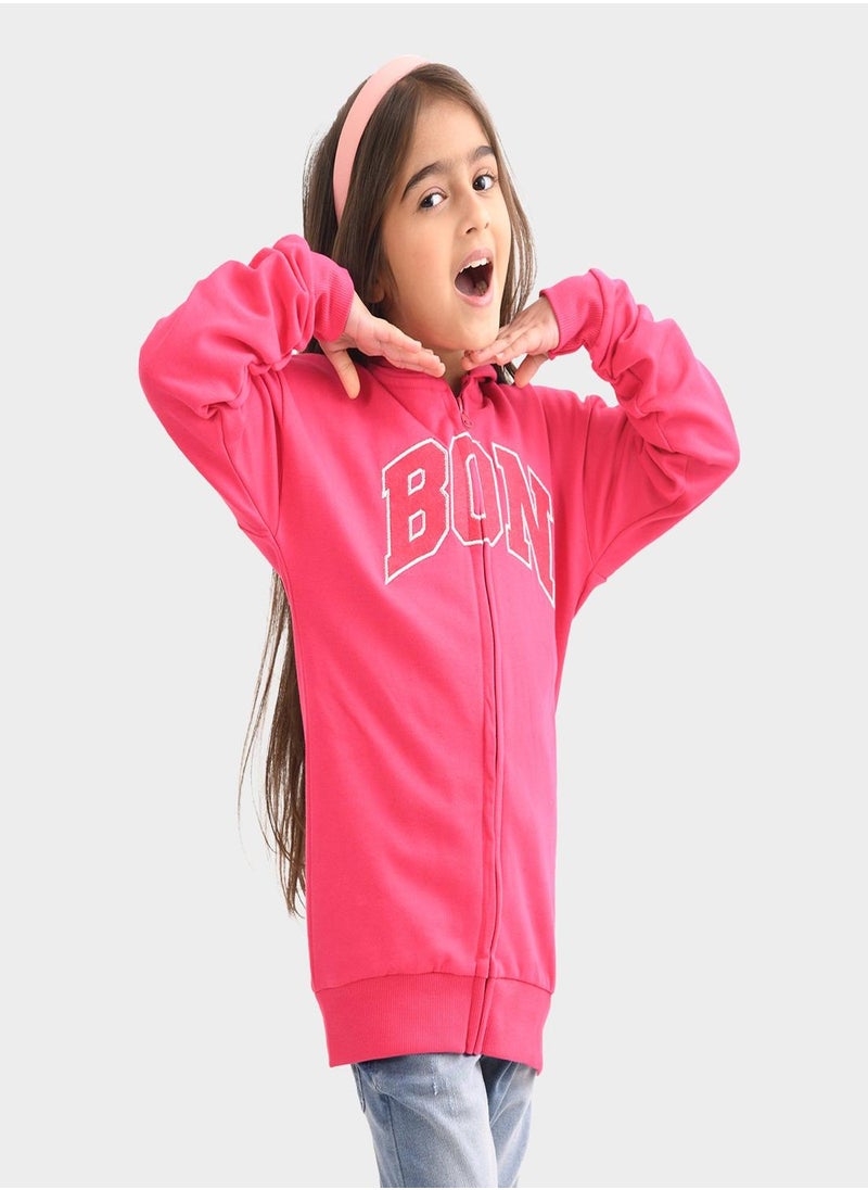 Regular Fit Printed Pink Cotton Sweatshirt For Girls Round Neck Flat Collar Pull On 100 % Cotton