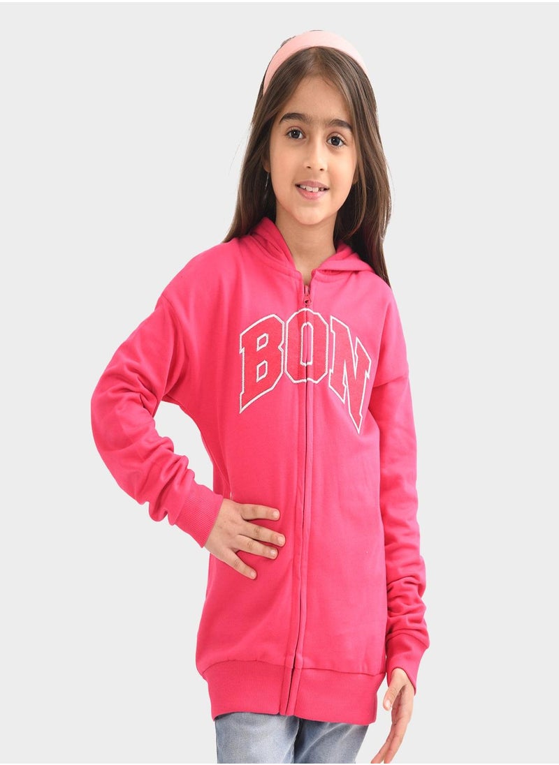 Regular Fit Printed Pink Cotton Sweatshirt For Girls Round Neck Flat Collar Pull On 100 % Cotton