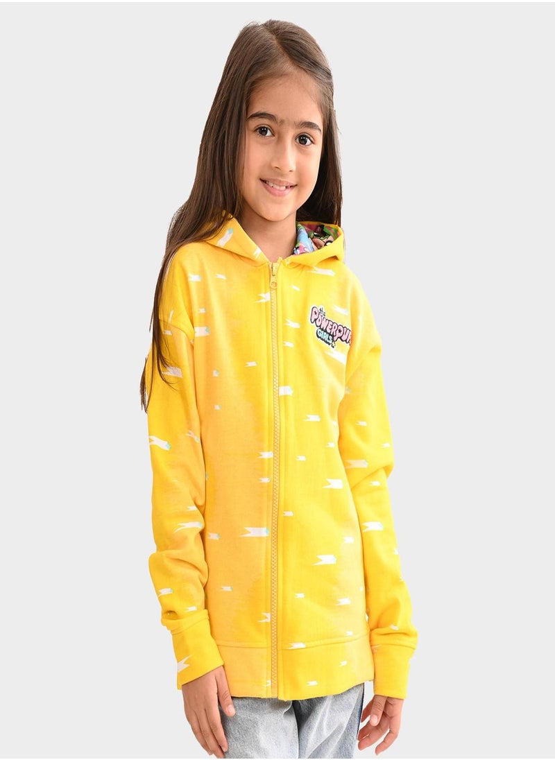 Regular Fit Printed Yellow Cotton Sweatshirt For Girls Round Neck Flat Collar Pull On 100 % Cotton