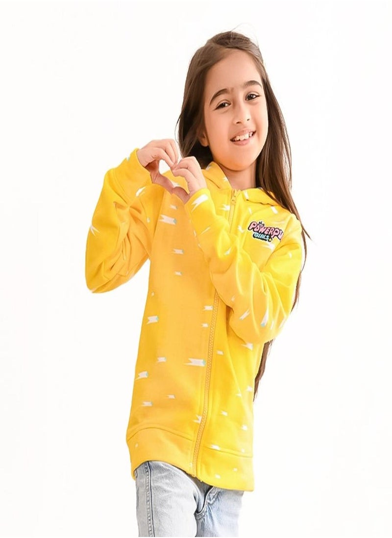 Regular Fit Printed Yellow Cotton Sweatshirt For Girls Round Neck Flat Collar Pull On 100 % Cotton