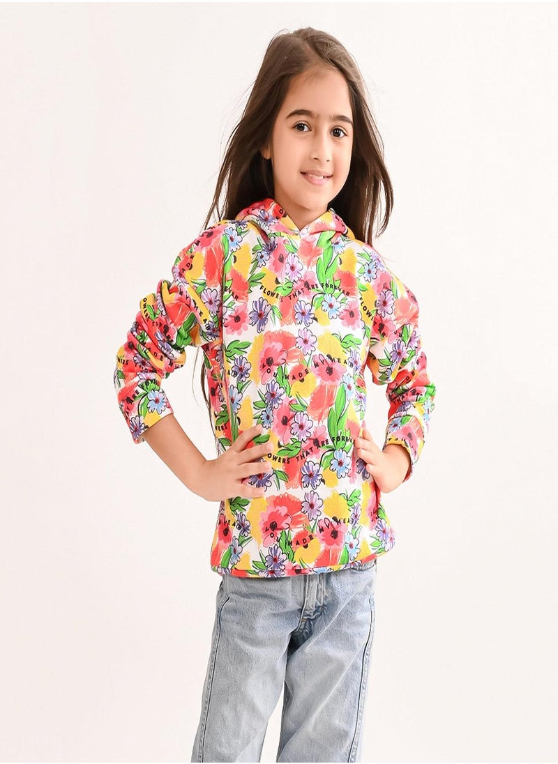 Regular Fit Printed Multicolour Cotton Sweatshirt For Girls Round Neck Flat Collar Pull On 100 % Cotton