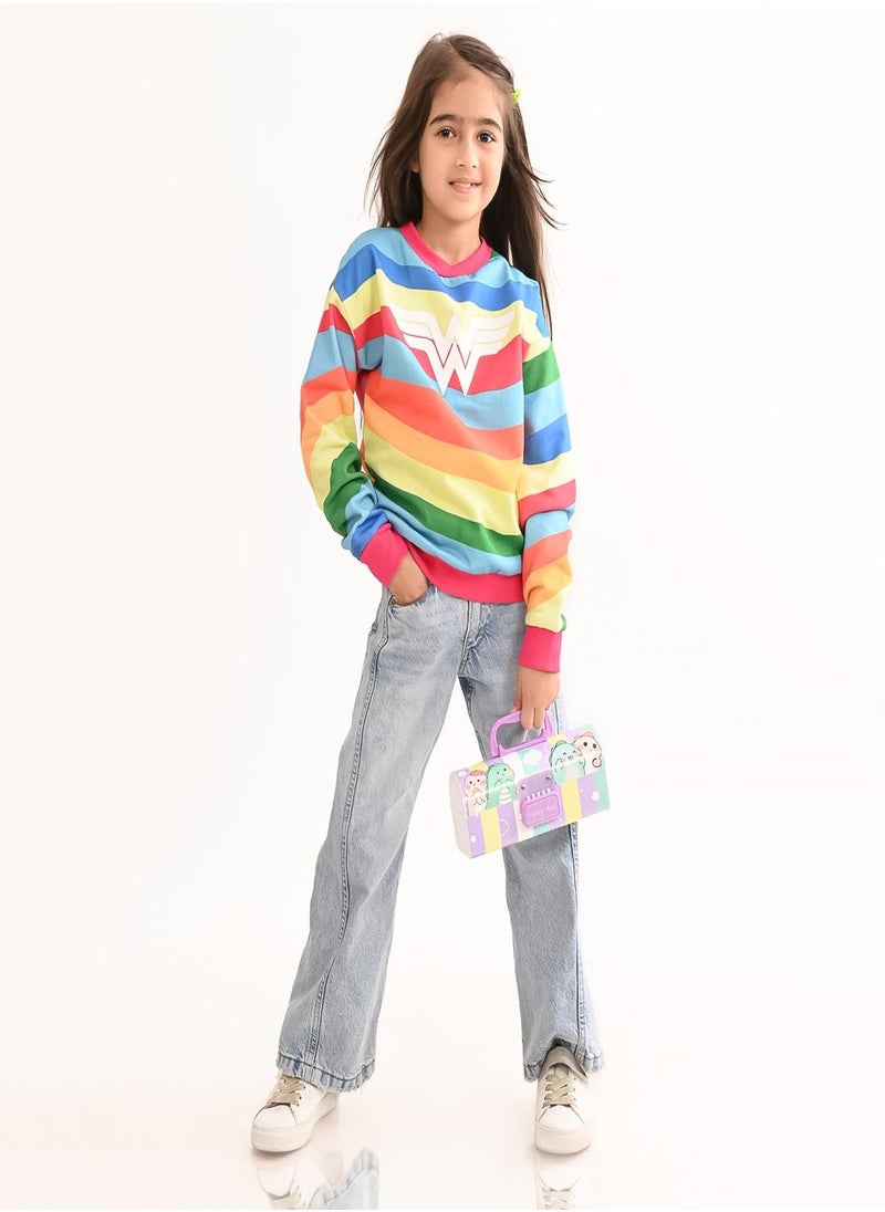 Regular Fit Printed Multicolour Cotton Sweatshirt For Girls Round Neck Flat Collar Pull On 100 % Cotton