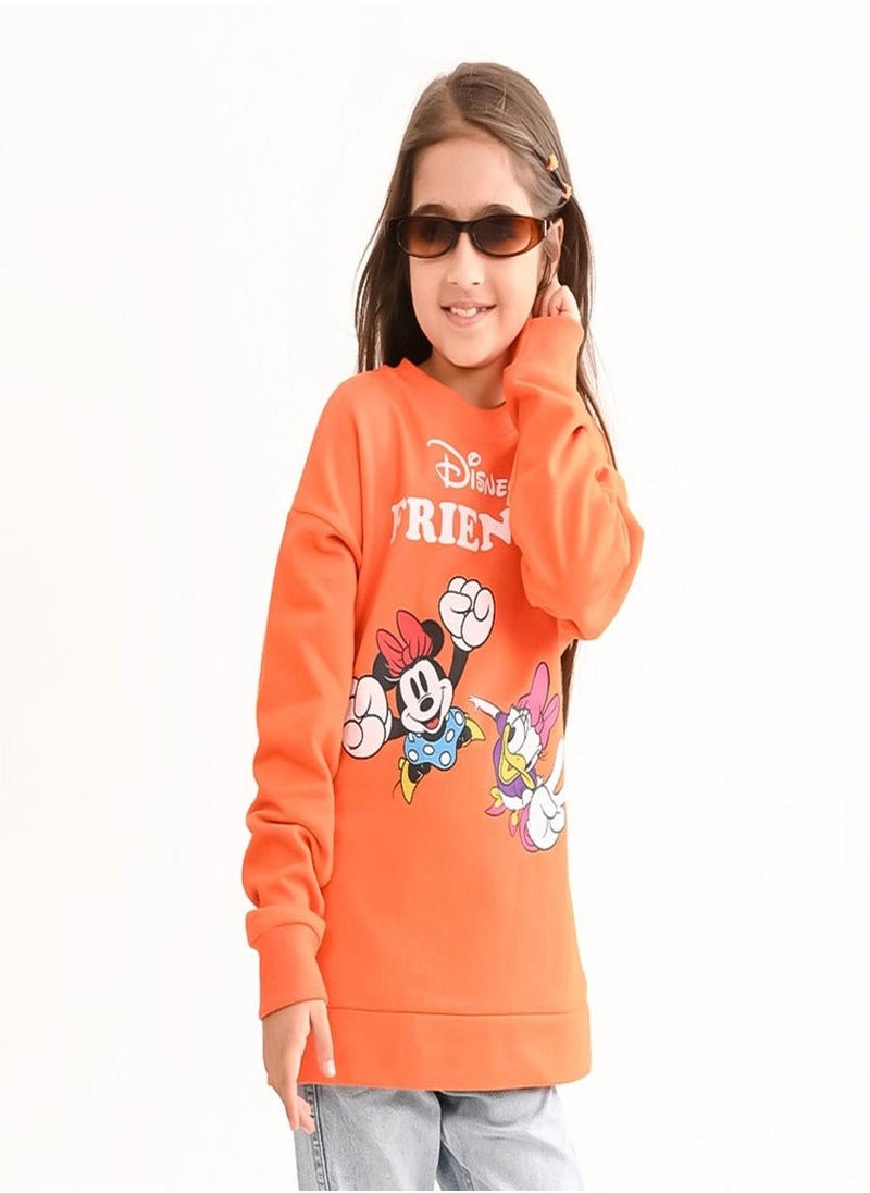 Regular Fit Printed Orange Cotton Sweatshirt For Girls Round Neck Flat Collar Pull On 100 % Cotton