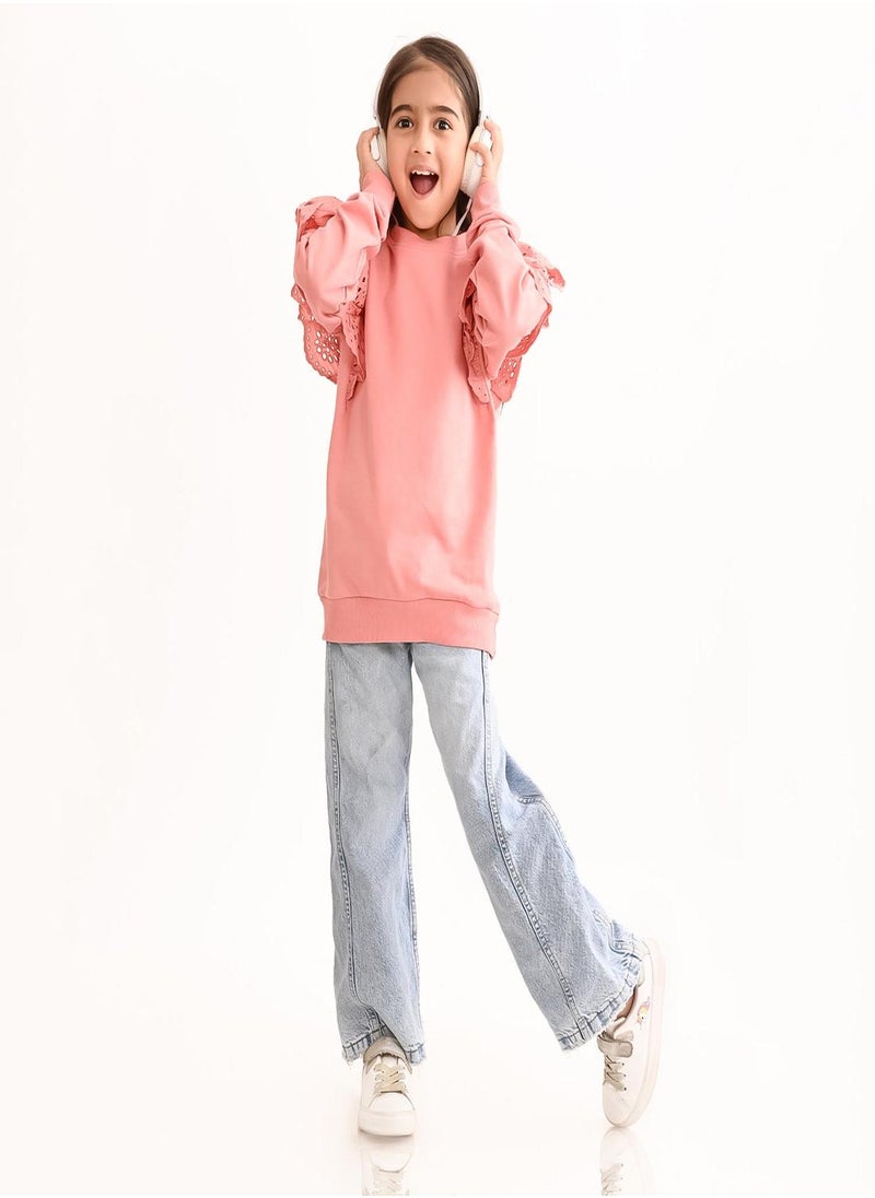 Regular Fit Printed Dusty And Pink Cotton Sweatshirt For Girls Round Neck Flat Collar Pull On 100 % Cotton