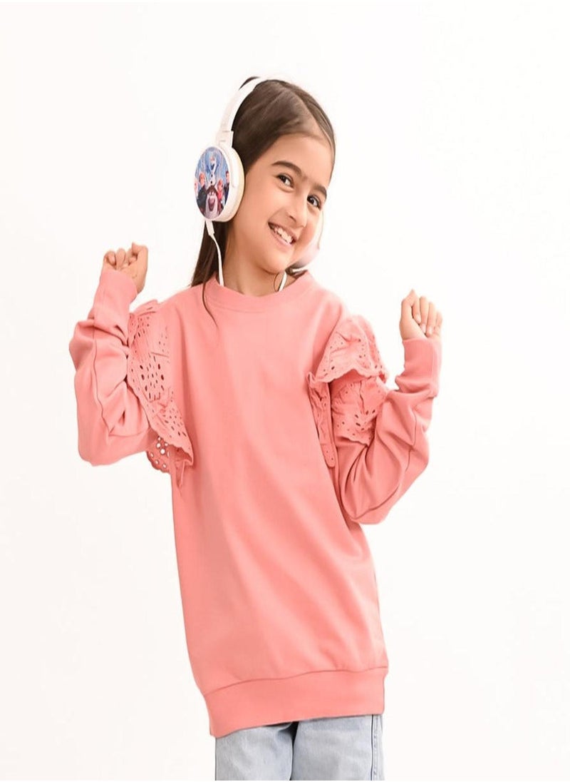 Regular Fit Printed Dusty And Pink Cotton Sweatshirt For Girls Round Neck Flat Collar Pull On 100 % Cotton