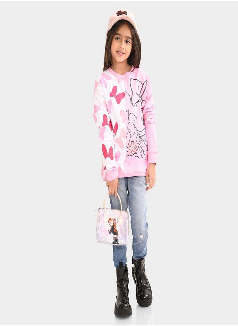 Regular Fit Printed Pink Cotton Sweatshirt For Girls Round Neck Flat Collar Pull On 100 % Cotton